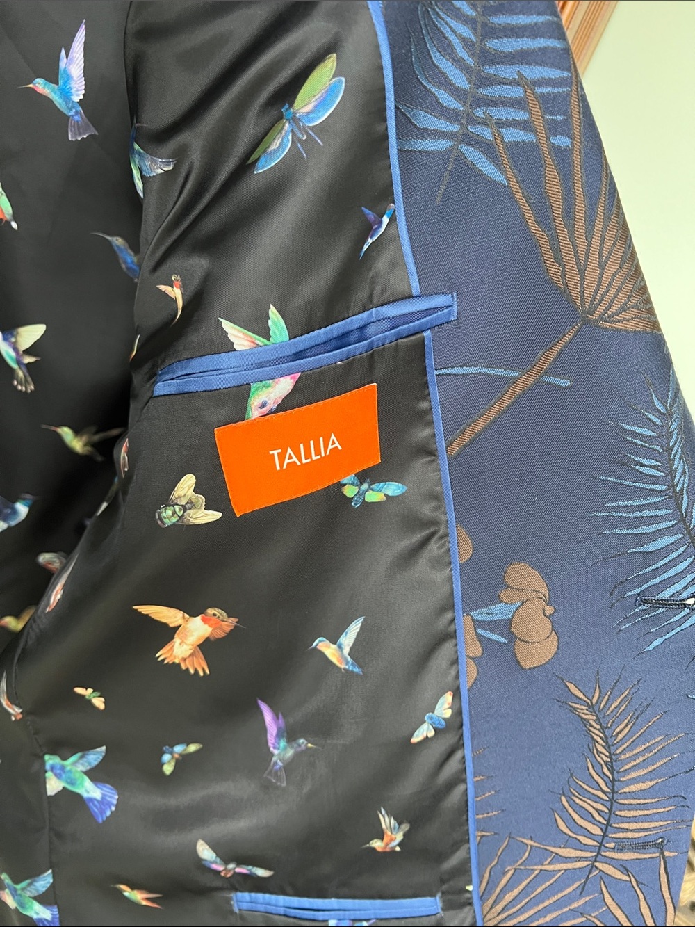TALLIA Navy Blazer with Blue and Brown Floral Woven Fabric - Picture 3 of 15